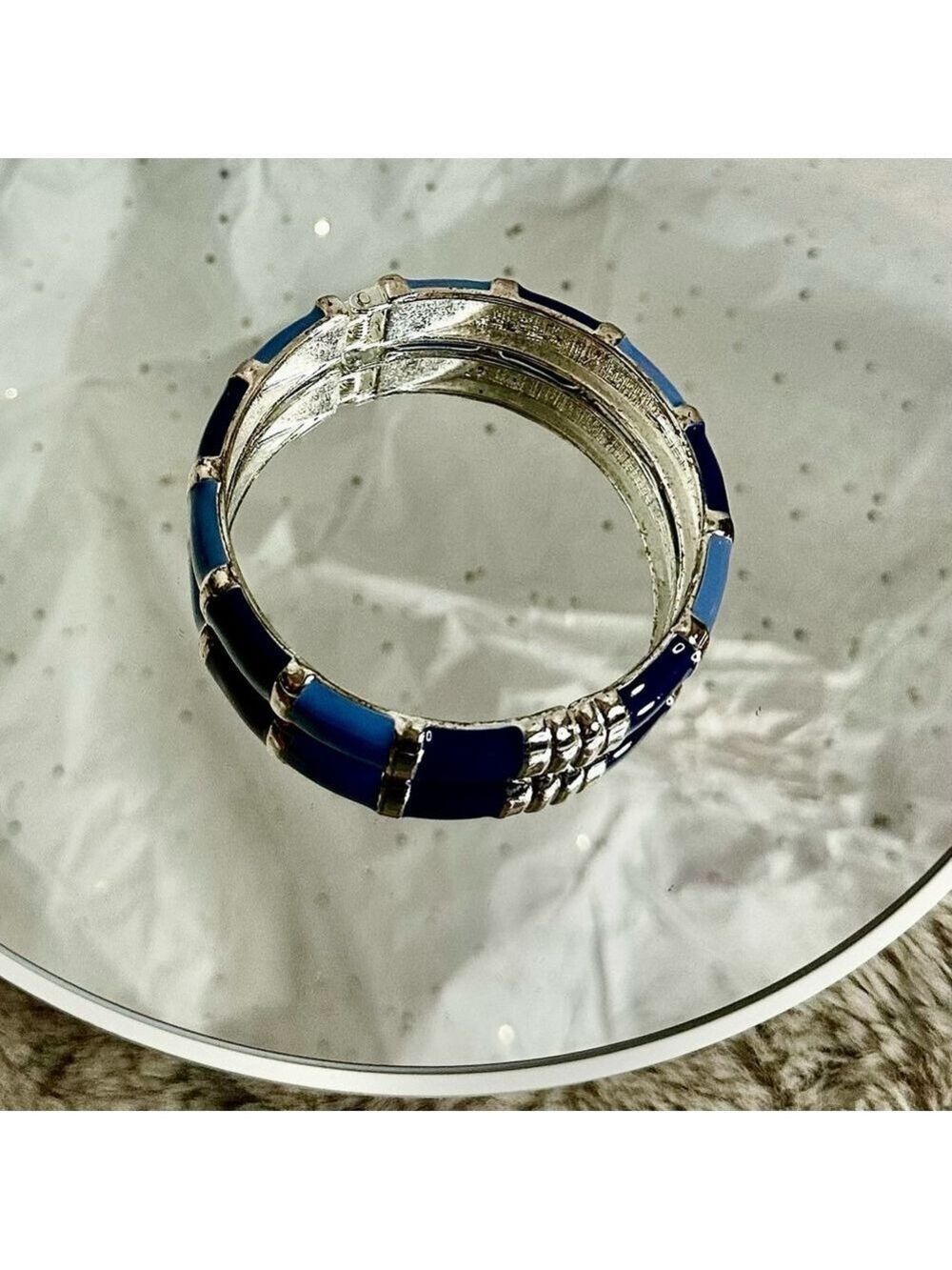 Blue & Silver Colorblock Enamel Hinged Bangle Bracelet NWOT - Picture 4 of 4